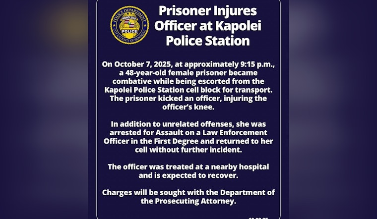 Kapolei Station Officer Injured After Altercation with Detained Woman, New Charges Filed