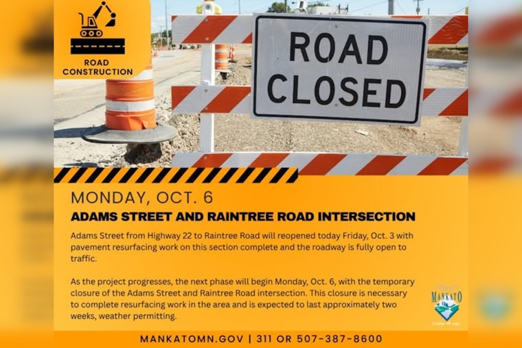 Mankato’s Adams Street Reopens After Pavement Resurfacing as Raintree Road Intersection Closures Begin
