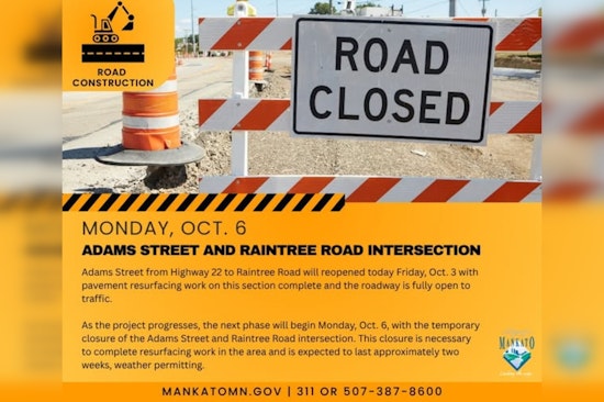 Mankato’s Adams Street Reopens After Pavement Resurfacing as Raintree Road Intersection Closures Begin
