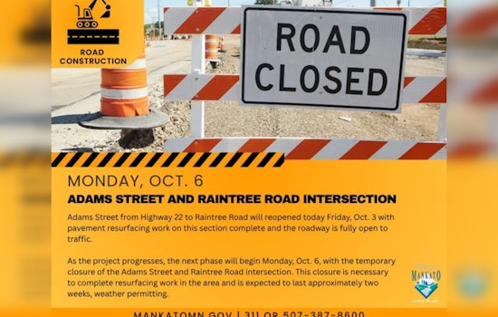 Mankato’s Adams Street Reopens After Pavement Resurfacing as Raintree Road Intersection Closures Begin