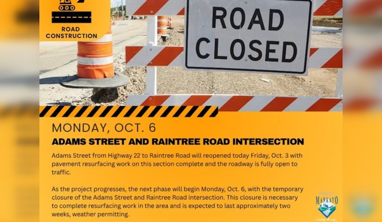 Mankato’s Adams Street Reopens After Pavement Resurfacing as Raintree Road Intersection Closures Begin