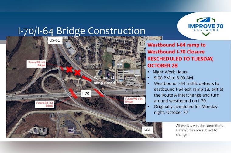 Overnight Closure of I-64 Exit Ramp to I-70 in Wentzville for Construction, Detour Announced
