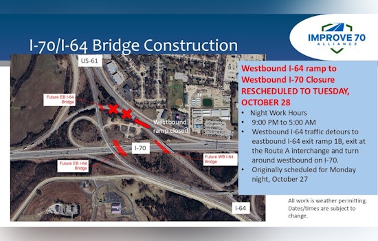 Overnight Closure of I-64 Exit Ramp to I-70 in Wentzville for Construction, Detour Announced