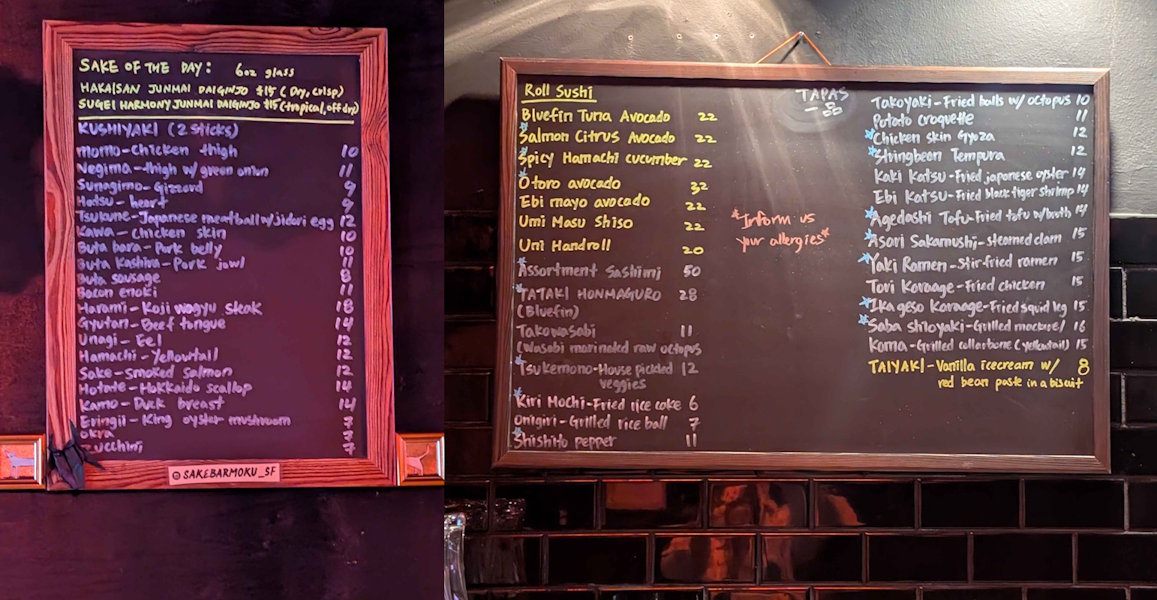 Daily sake and food specials board