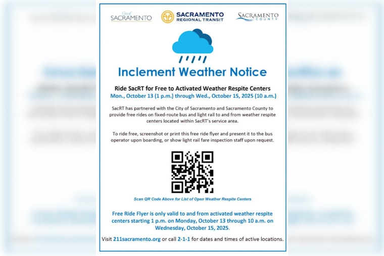 Sacramento Activates Emergency Shelters Ahead of Rainfall, Free Rides on SacRT for Weather Respite