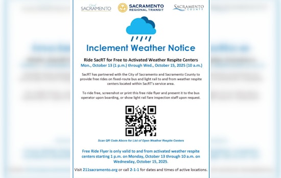 Sacramento Activates Emergency Shelters Ahead of Rainfall, Free Rides on SacRT for Weather Respite