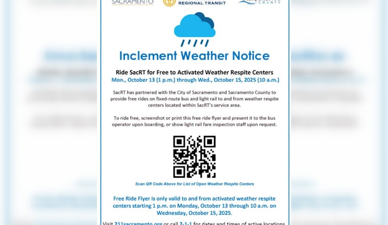 Sacramento Activates Emergency Shelters Ahead of Rainfall, Free Rides on SacRT for Weather Respite