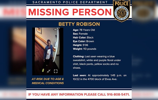 Sacramento Police Seek Public's Aid in Locating Missing At-Risk Senior Betty Robison