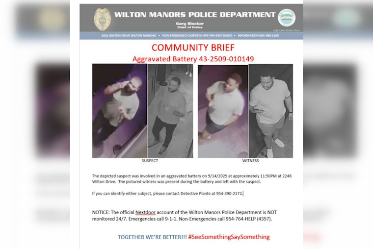 Wilton Manors Police Seek Help to Find Witness and Suspect in Aggravated Battery Case