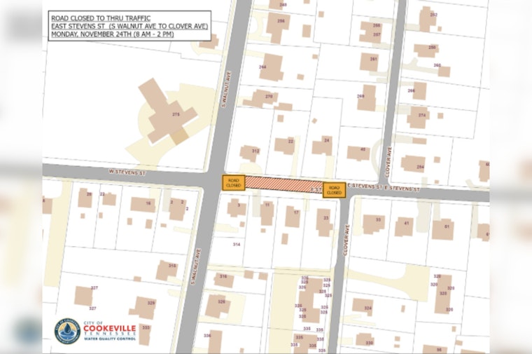 Cookeville Residents Alerted to East Stevens Street Closure for Sewer Line Repairs on Nov 24