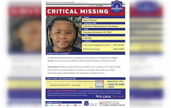 DC Police Seek Public's Help in Search for Missing 12-Year-Old Reyna Pinkard from Northeast District