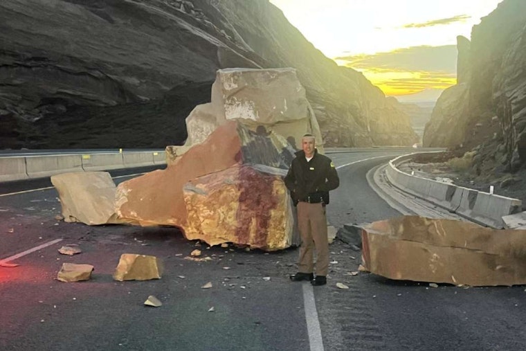 Gigantic Boulder Shatters on I-70 Near Green River, Disrupts Traffic Without Injuries
