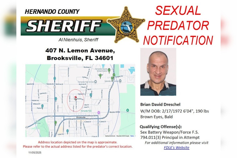 Hernando County Sheriff’s Office Informs Residents of Registered Sexual Predator's New Address