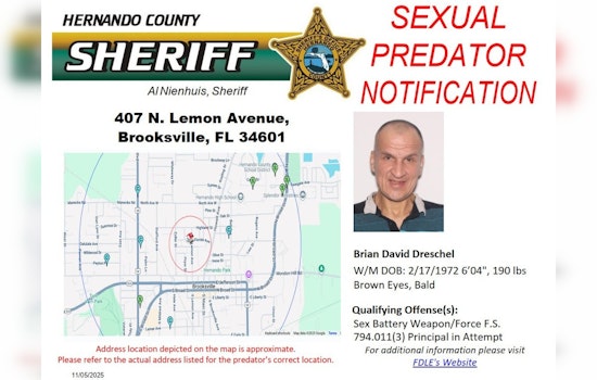 Hernando County Sheriff’s Office Informs Residents of Registered Sexual Predator's New Address