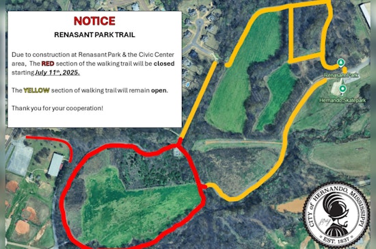 Hernando's Renasant Park Red Trail Closed for Construction; Yellow Trail Remains Open