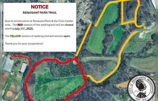 Hernando's Renasant Park Red Trail Closed for Construction; Yellow Trail Remains Open