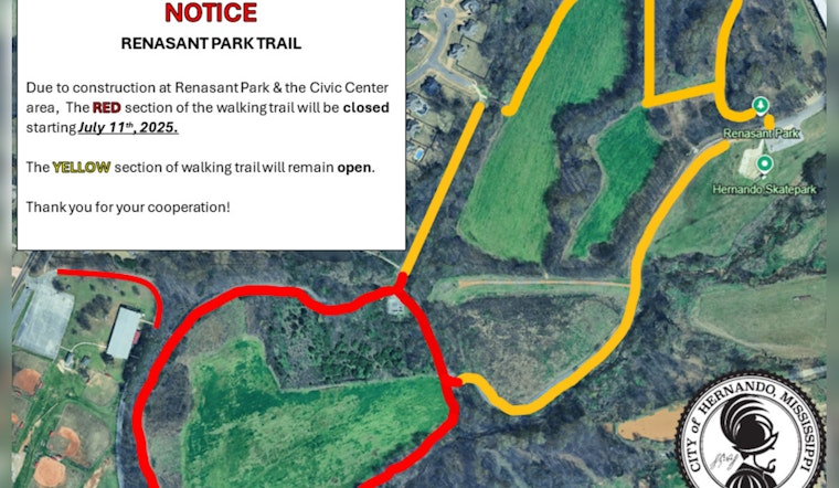 Hernando's Renasant Park Red Trail Closed for Construction; Yellow Trail Remains Open