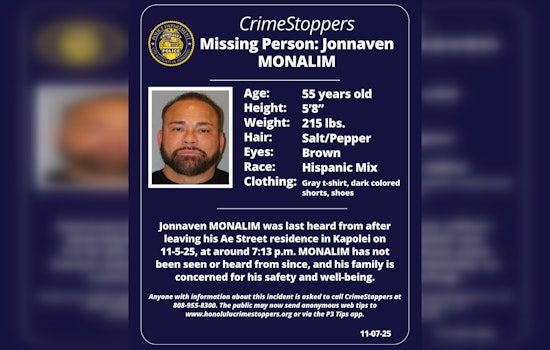 Honolulu Police Seek Public's Help to Find Missing Kapolei Man Jonnaven Monalim