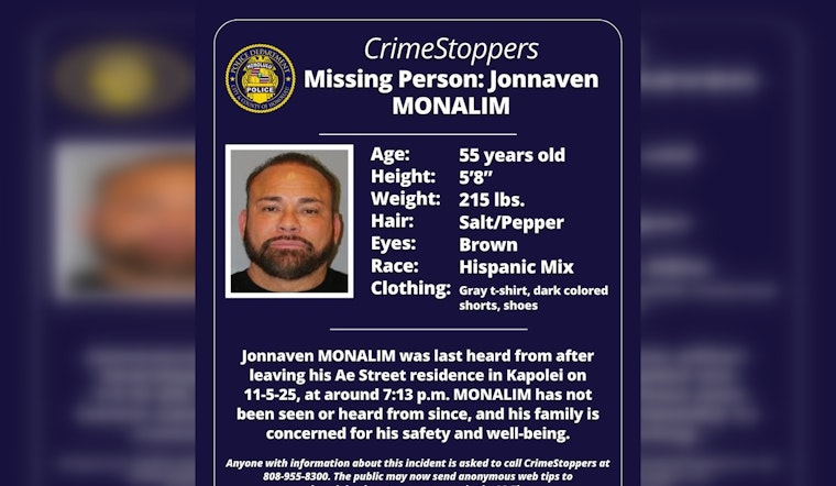 Honolulu Police Seek Public's Help to Find Missing Kapolei Man Jonnaven Monalim
