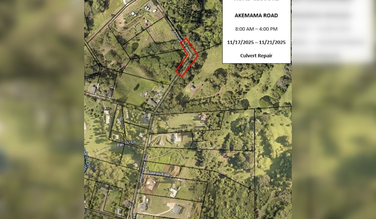 Lane and Road Closures on Akemama Road in Kauai Scheduled for Nov. 17-21