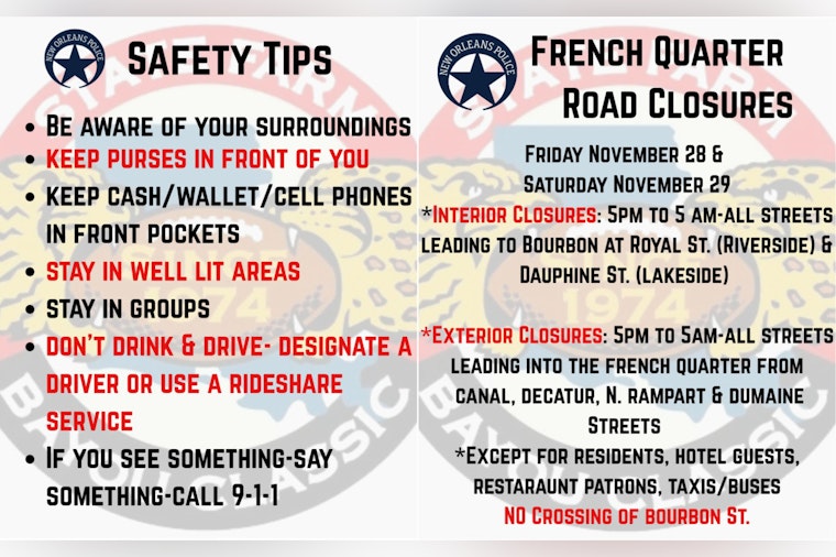 New Orleans Police Share Safety Tips and Road Closure Info for Bayou Classic Weekend Crowds