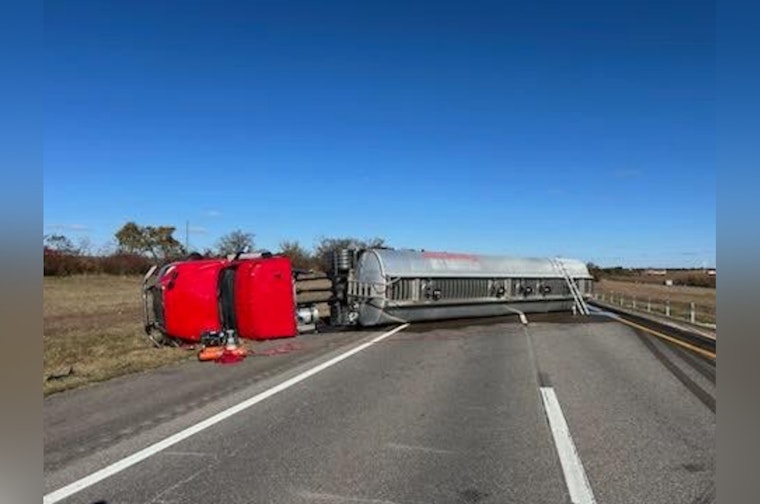 Semi Rollover Causes Bio-diesel Spill on I-35 in Logan County, Prompting Southbound Lane Closures