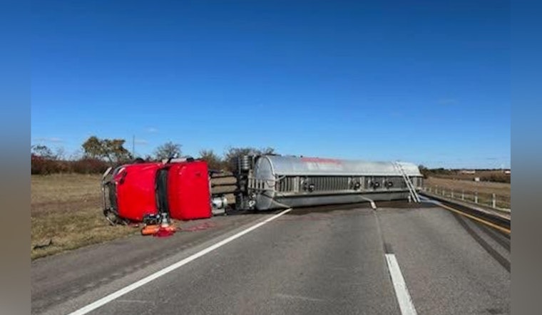 Semi Rollover Causes Bio-diesel Spill on I-35 in Logan County, Prompting Southbound Lane Closures
