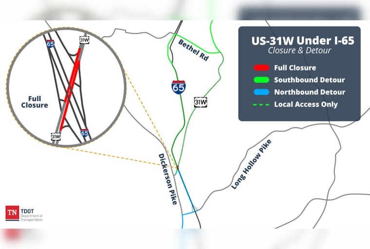 TDOT Announces Nighttime Closures for I-65 and US-31W Bridge Construction in Sumner County