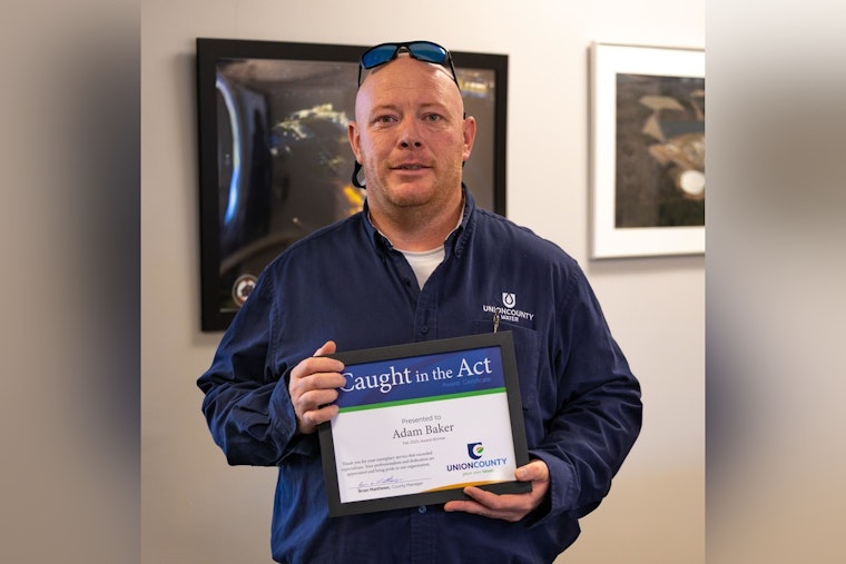 Union County Honors Adam Baker with Caught in the Act Award for Exceptional Service in Water Maintenance