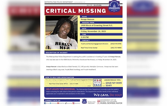 Urgent Search: DC Police Seek Help to Locate Missing Teen Anaya Henson Last Seen on Downing St. NE