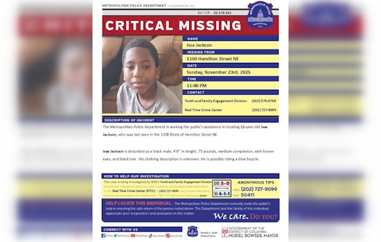 Urgent Search for 12-Year-Old Issa Jackson Missing in Washington D.C., Police Seek Public's Help