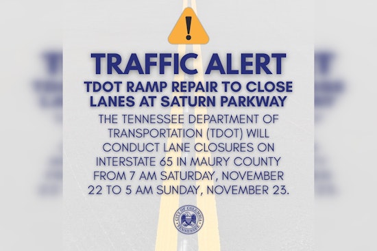 Weekend Traffic Alert: TDOT Repair Work to Impact I-65, Saturn Parkway Ramps in Columbia, TN