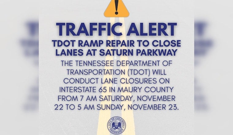 Weekend Traffic Alert: TDOT Repair Work to Impact I-65, Saturn Parkway Ramps in Columbia, TN