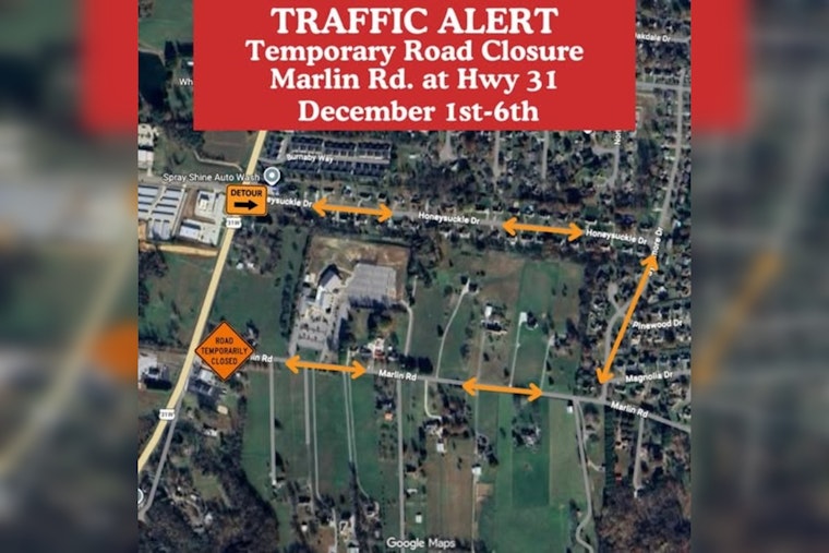 White House, TN Announces Temporary Road Closure on Marlin Rd; Offers Detours for Commuters