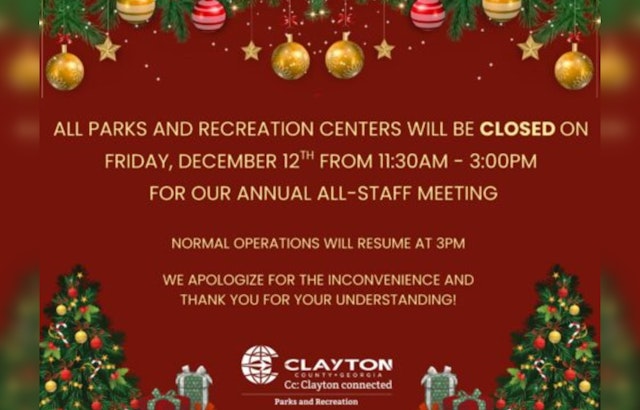 Clayton County Parks & Rec Centers to Close Temporarily for Annual Staff Meeting on Dec. 12