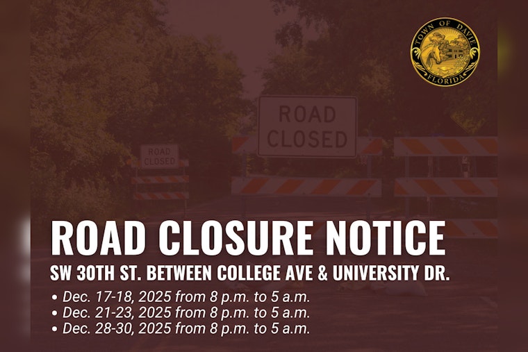 Davie Announces Nighttime Road Closures on SW 30th Street for Drainage Installation