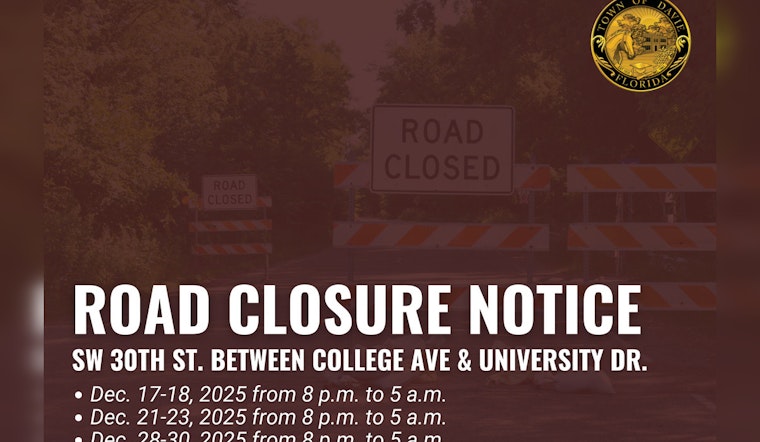 Davie Announces Nighttime Road Closures on SW 30th Street for Drainage Installation