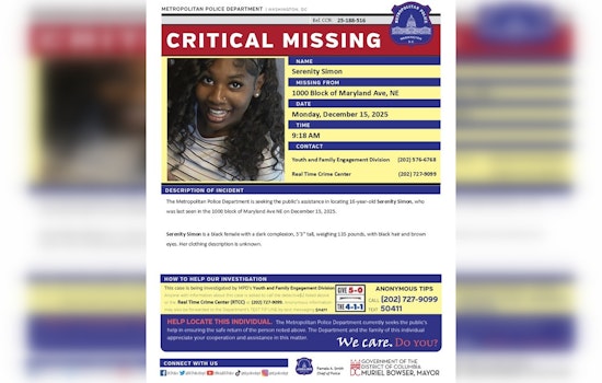 DC Police Issue Critical Alert for Missing 16-Year-Old Serenity Simon, Seek Community's Help in Washington, D.C.