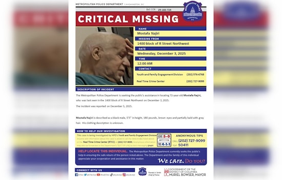 DC Police Seek Public's Help in Locating Missing 72-Year-Old Mostafa Najiri Last Seen on R Street Northwest