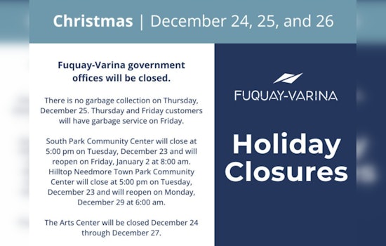 Fuquay-Varina Announces Office Closures and Service Changes During Christmas Holiday