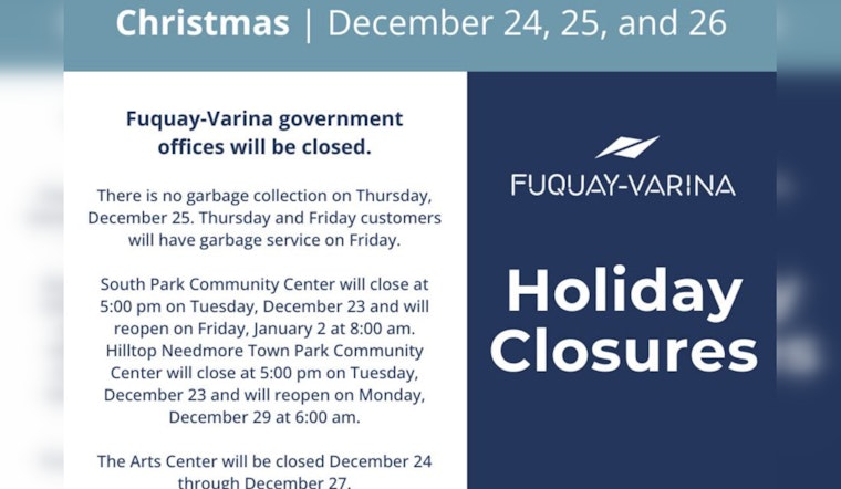 Fuquay-Varina Announces Office Closures and Service Changes During Christmas Holiday