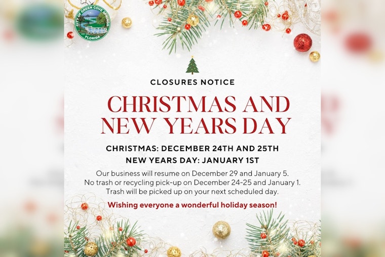 Green Cove Springs Announces City Hall Holiday Closures and Trash Collection Schedule