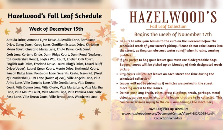 Hazelwood City Crews Continue Week 5 of Leaf Collection with Residents Asked to Follow Guidelines
