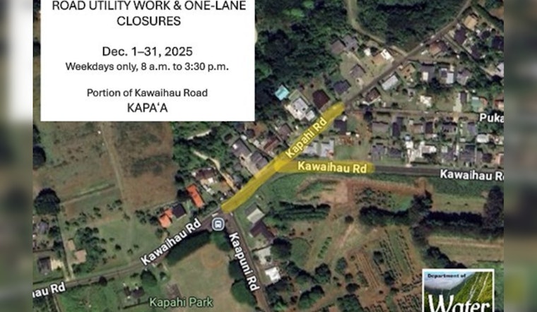 Kapaʻa Commuters Alerted to Month-Long Utility Work on Kawaihau Road Starting December 1