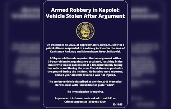 Kapolei Incident - Armed Suspect Shoves Woman and Steals Her Mercedes