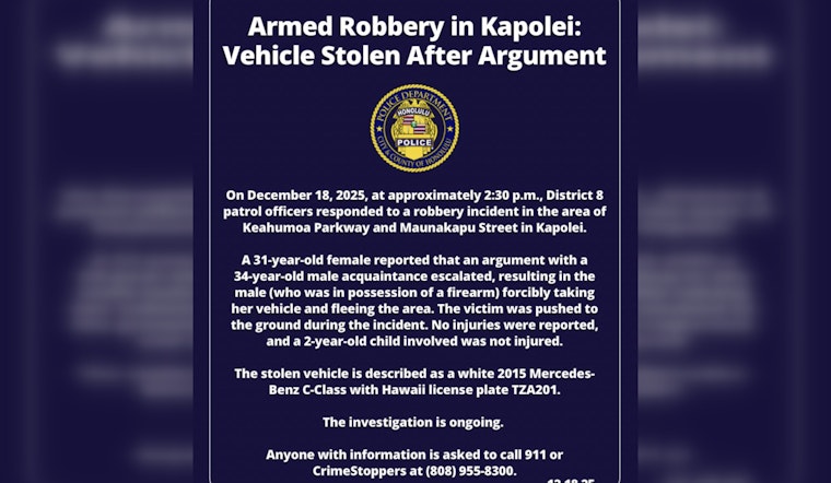 Kapolei Incident - Armed Suspect Shoves Woman and Steals Her Mercedes