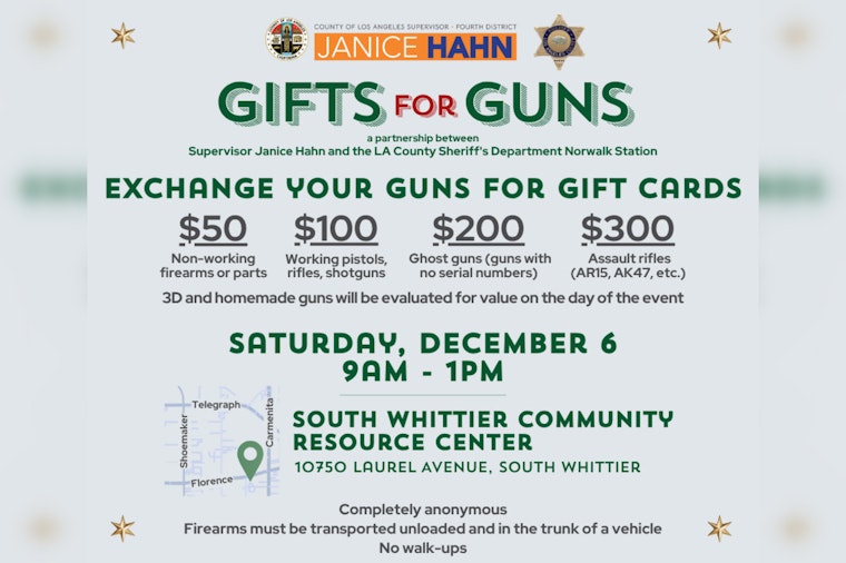 Los Angeles County to Host 16th Gun Buyback Event in South Whittier, Gift Cards for Arms Exchange Promotes Peace