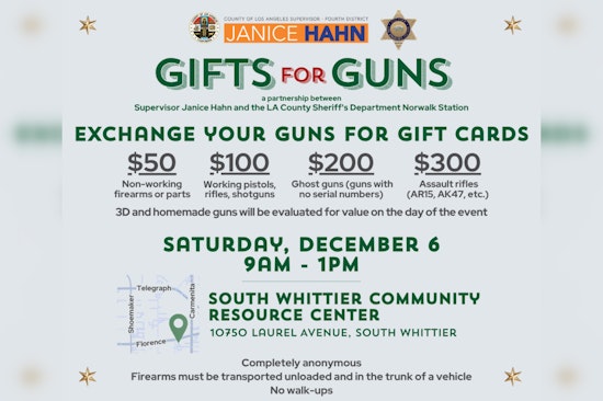 Los Angeles County to Host 16th Gun Buyback Event in South Whittier, Gift Cards for Arms Exchange Promotes Peace