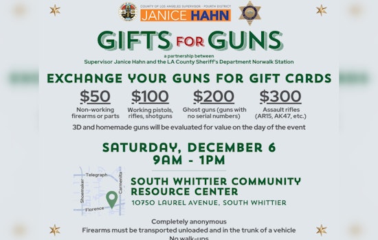 Los Angeles County to Host 16th Gun Buyback Event in South Whittier, Gift Cards for Arms Exchange Promotes Peace