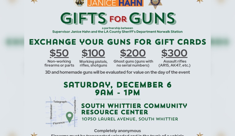 Los Angeles County to Host 16th Gun Buyback Event in South Whittier, Gift Cards for Arms Exchange Promotes Peace
